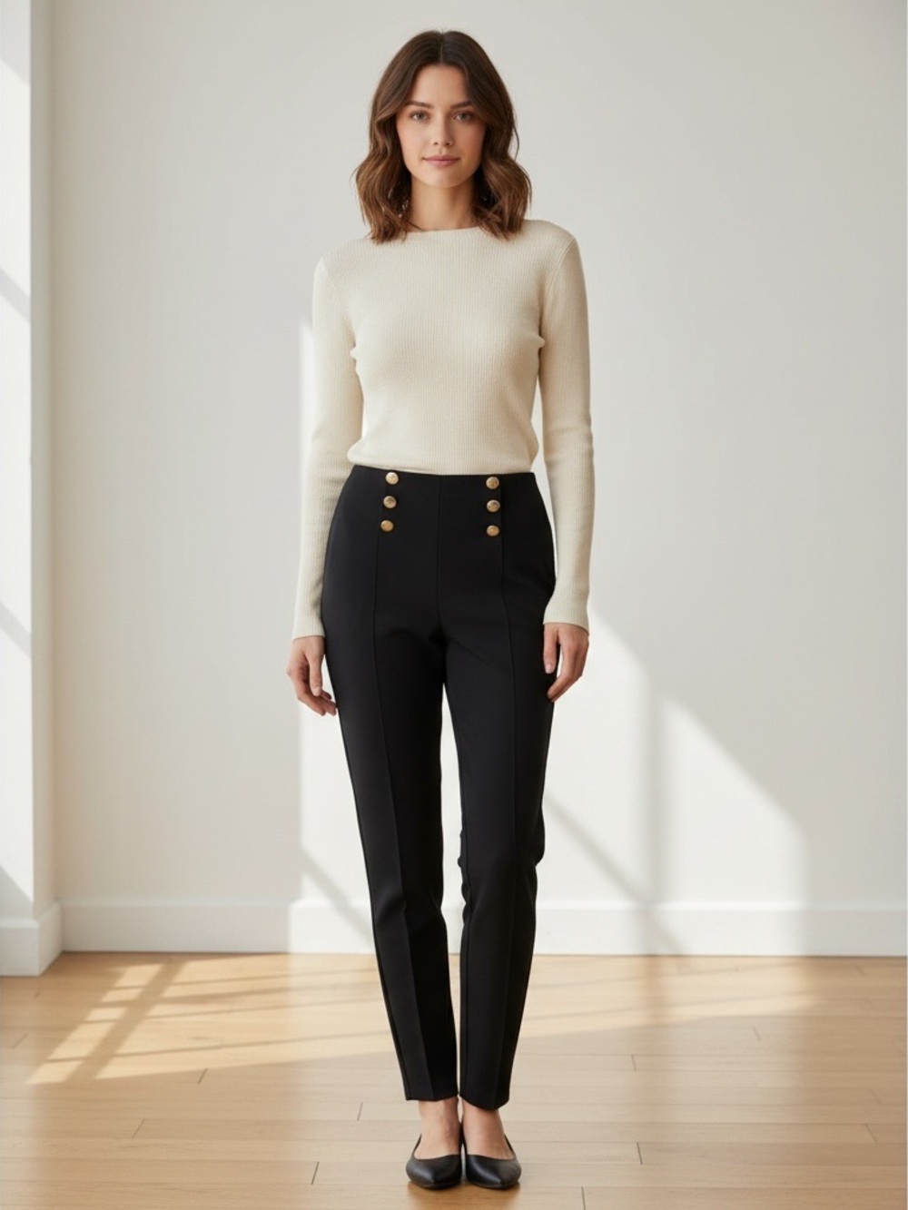 ZARA NWOT Black High-Waisted Sailor Button Stretchy Leggings Pants - Size M